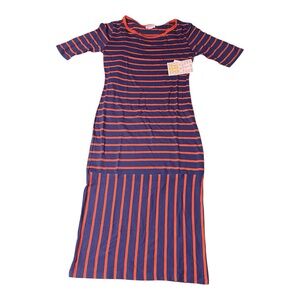 LuLaRoe Julia Dress XXS NWT Blue & Orange Striped Bodycon Midi